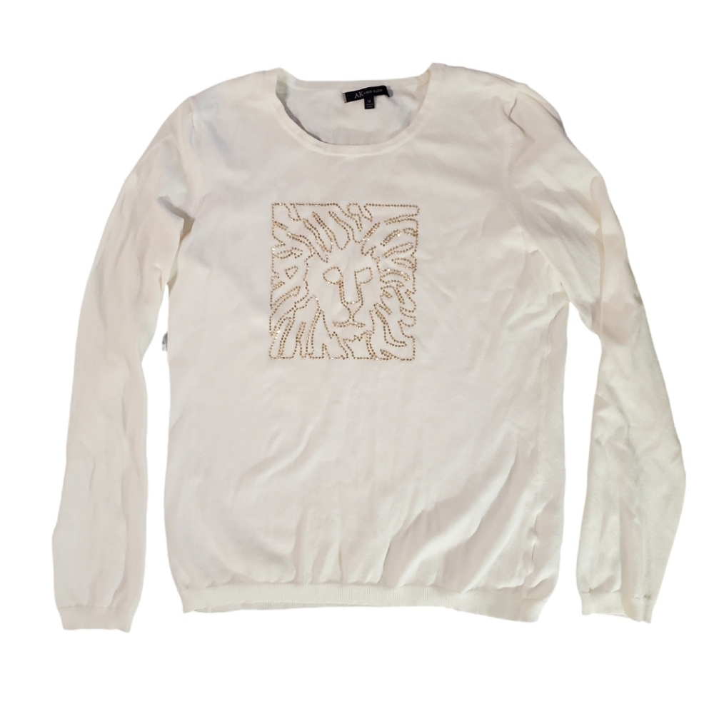 Anne Klein Women's Cream Gold Rhinestone Lion Long Sleeve‎ Sweater Medium